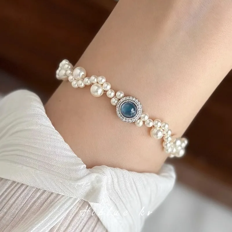 

Minar High Quality Imitation Pearl Knitted Cat's Paw Beaded Bracelet for Women Blue Color Semi-precious Stone Charm Bracelets