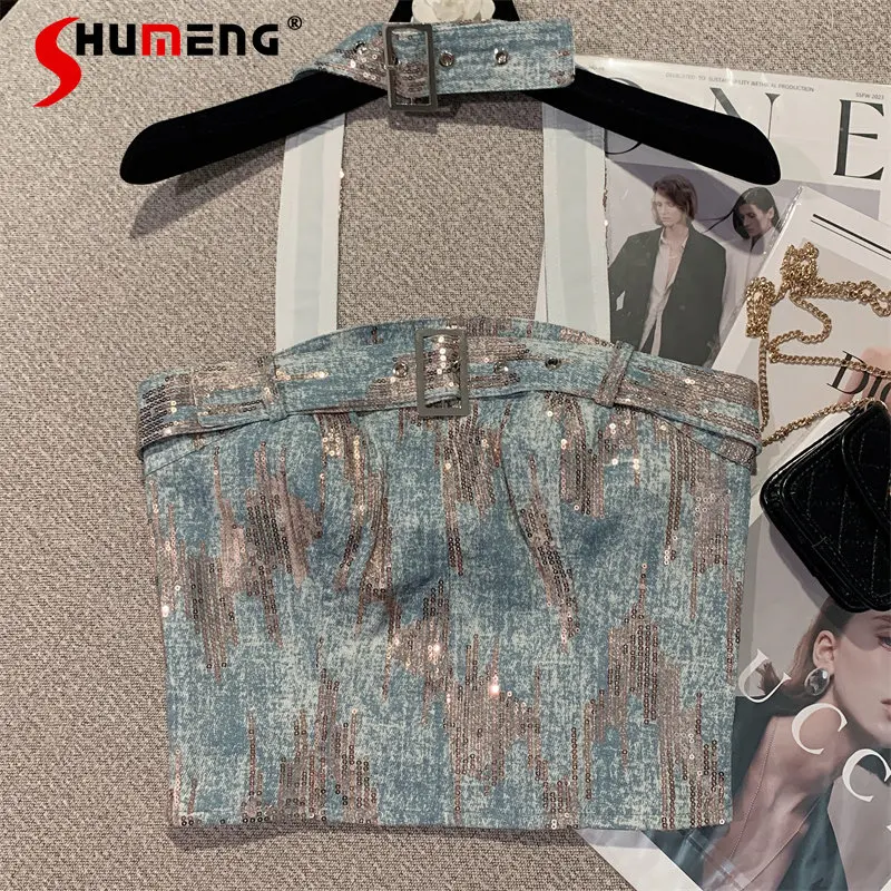 

2023 Spring and Summer New Heavy Industry Sequin Sexy Slim Fit Slimming All-Matching Halter Spaghetti Straps Top for Women