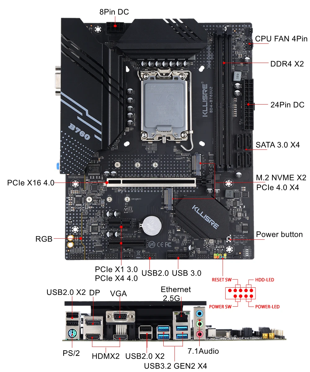 Kllisre B760 Kit Core i3 13100F 2*16GB = 32GB Memory DDR4