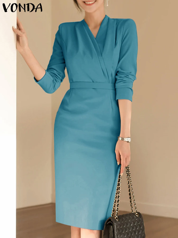 

2023 Autumn Women Elegant Dress VONDA Sexy Suit Dress Long Sleeve Pleated Office Sundress Casual Belted Solid Color Vestidos