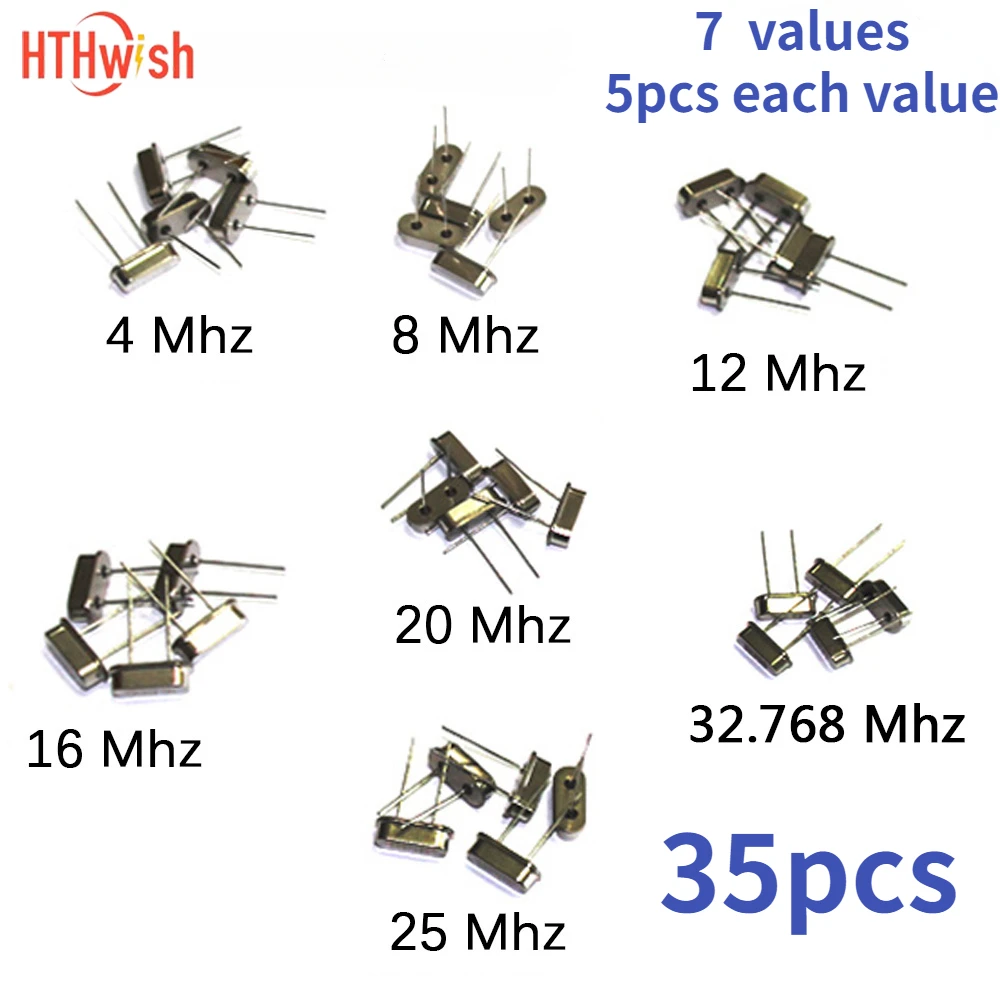 Crystal Oscillator 35pcs/Lot Crystal Oscillator Electronic Kit HC-49S 7 kind DIP Quartz Oscillator 32.768Khz 4Mhz 8Mhz 12Mhz 16Mhz 20Mhz 25Mhz