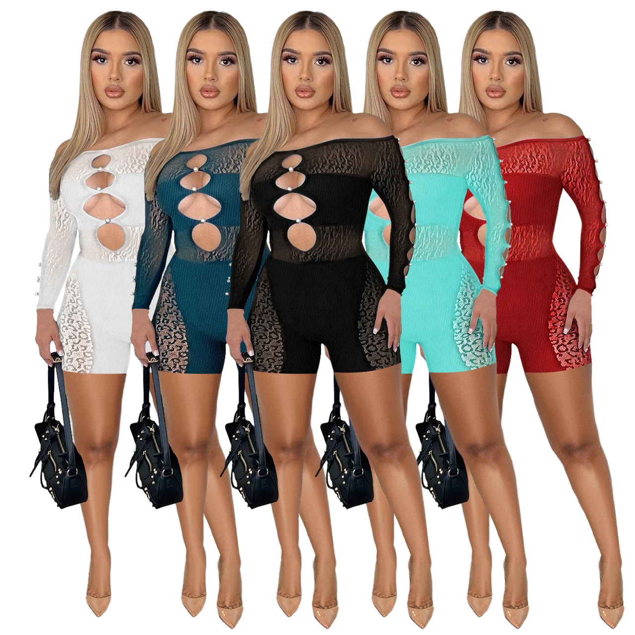 

2023 Spring Summer Slash Neck Women Bodysuit Pearls Hollow Out Long Sleeves See Through Mesh Women Party Nightclub Jumpsuit