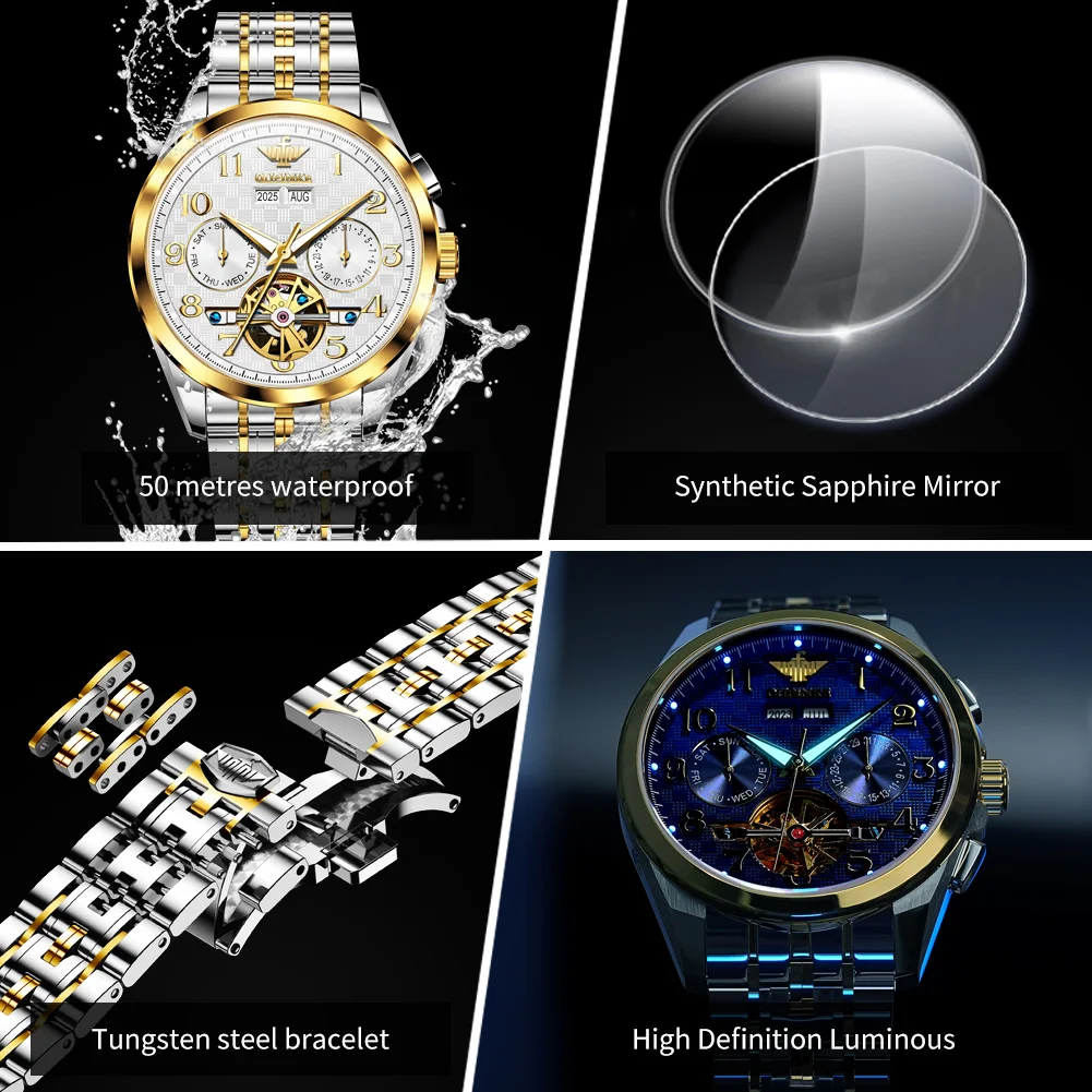 OUPINKE 3263 Man Watch Top Brand Number Scale Hollow Skeleton Automatic Watch For Men Date Mechanical Wristwatch 50M Waterproof