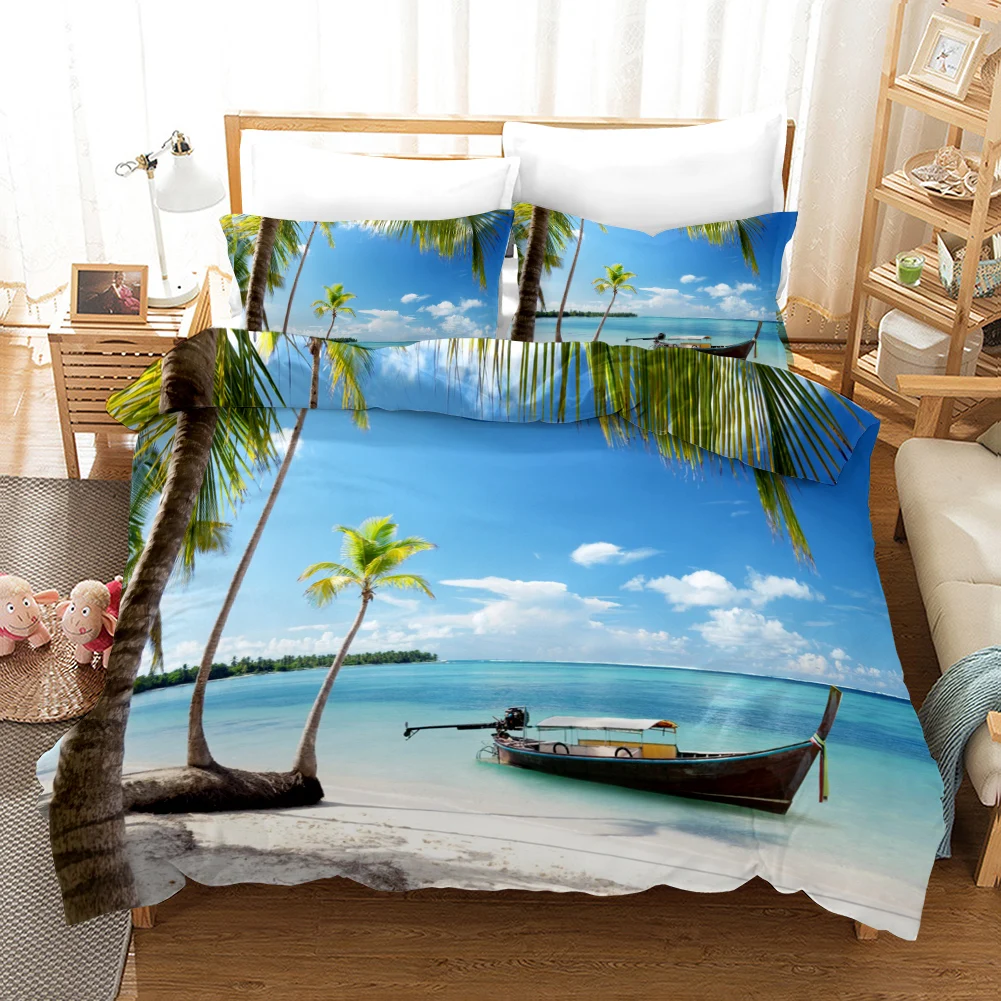 Beach Duvet Cover Set Polyester Tropical Island with The Palm Tree and Sea Beach Nature Theme Double Queen King Size Quilt Cover Sd1e8fec1a92f466d82d589785ee2579dO