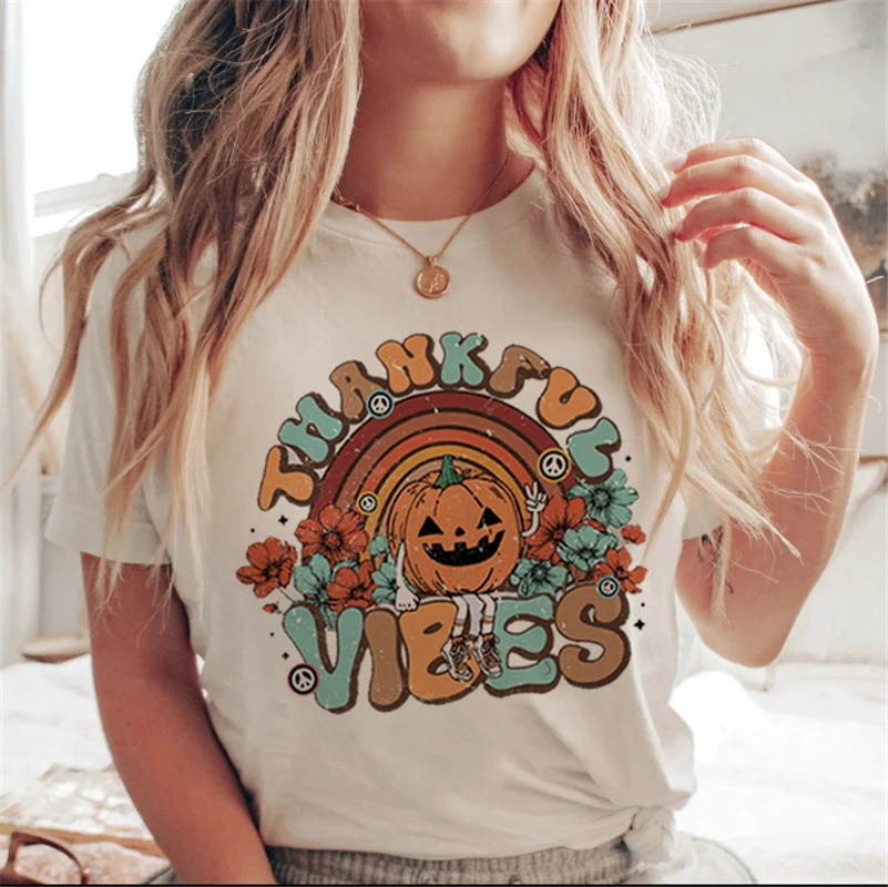 Lettera stampata bianca cartone animato Halloween autunno maglietta casual vestiti tendenza anni '90 donna donna T costume donna stampa grafica925_voghion.com