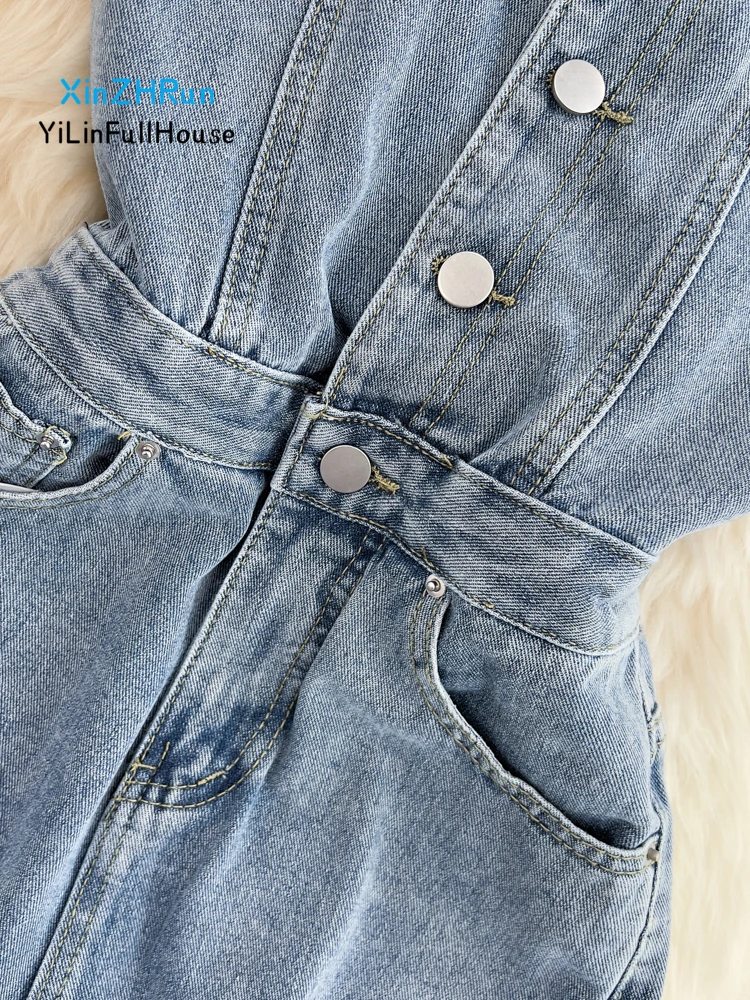 Summer Women Fashion Retro Bra Jumpsuit High Waist Open Back Sleeveless Single Breasted Denim Straight Through Wide Leg Jumpsuit