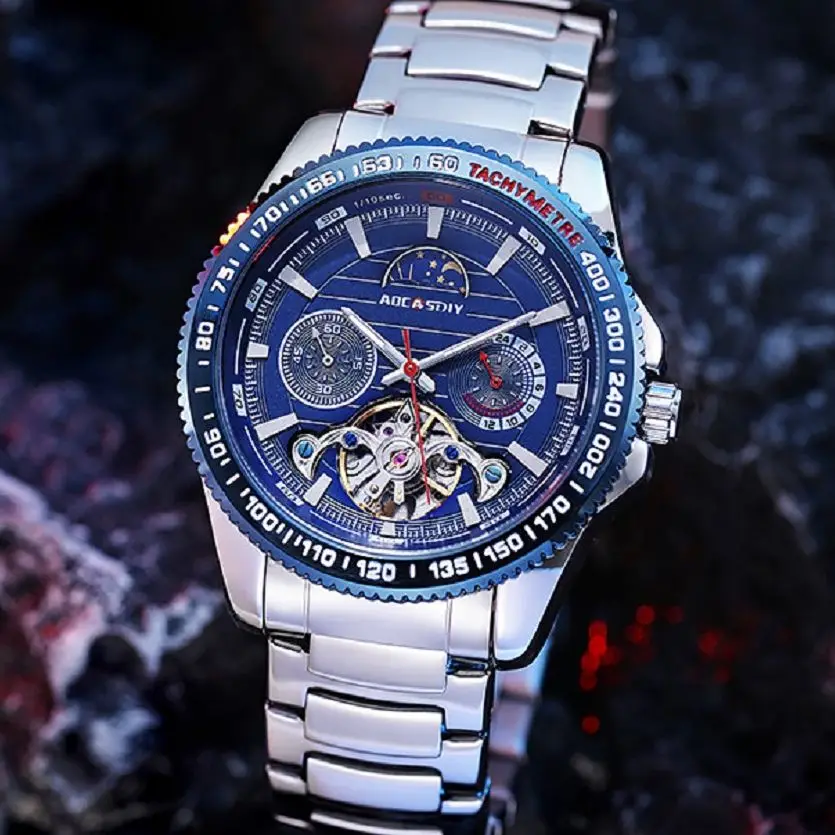 

Top Brand Luxury Hollowed Out Mechanical Watch Men, Automatic Winding Men's Business Watch, 3D Dial Waterproof Whatches