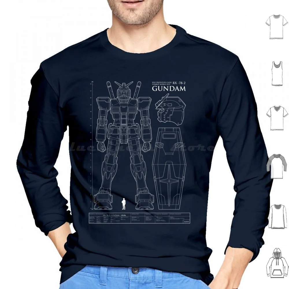 Rx 78-2 Felpa Con Cappuccio Cotone Manica Lunga Blueprint Gunpla Anime Robot Giapponese Mecha Rx 78 Rx 78 2