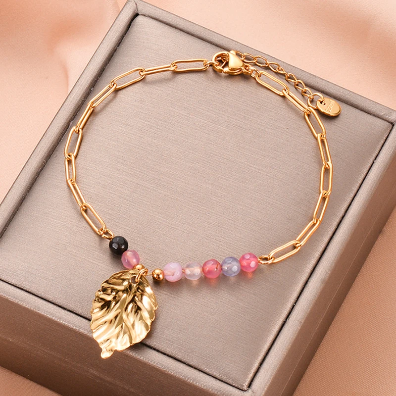 

Pink Crystal Beaded Handmade Stainless Steel Link Bracelet Bangle Bohemia Fashion Trendy Leaf Charm Jewelry Women