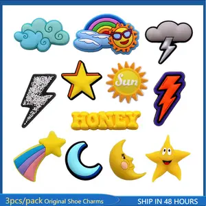 3Pack Original Sun Moon PVC Shoe Charms Sandal Buckle Upper Pin Decorations Cute Cloud Lightning Star Rainbow Shapes Clog Clip