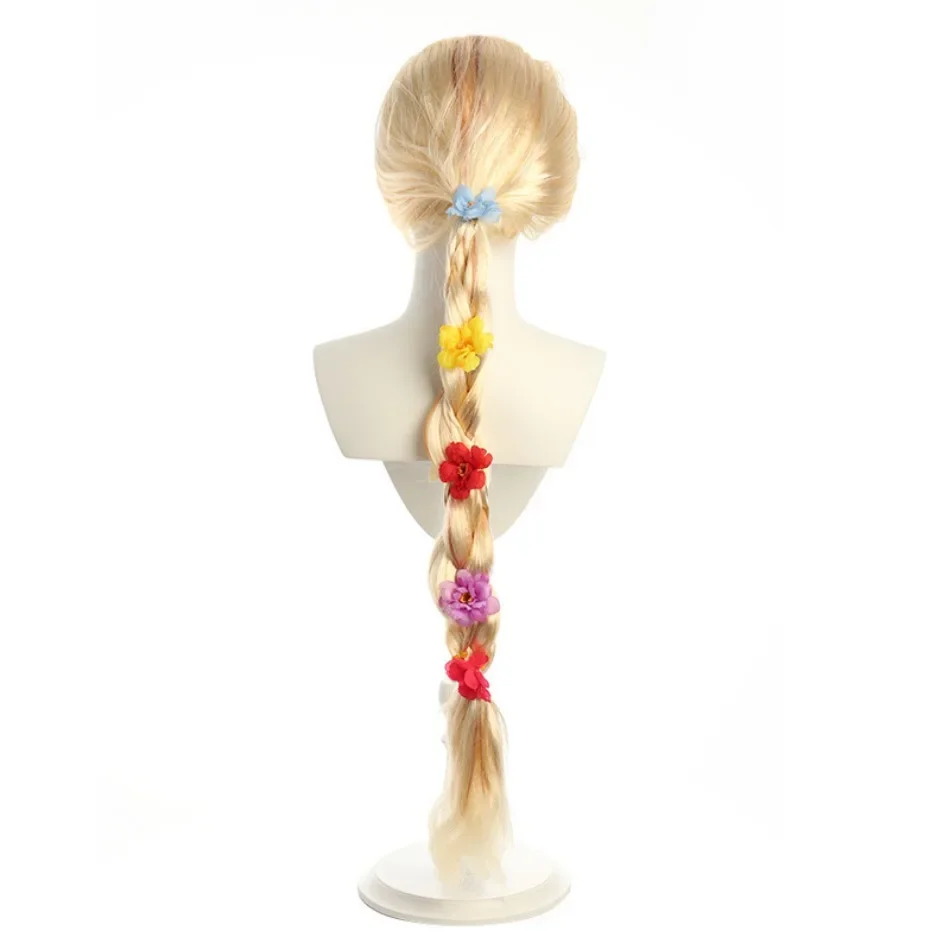 Children Princess Cosplay Wig Girls Rapunzel Dress Up Flowers Long Braid Wig Tangled Big Hair Braid Wigs Rapunzel Accessorie