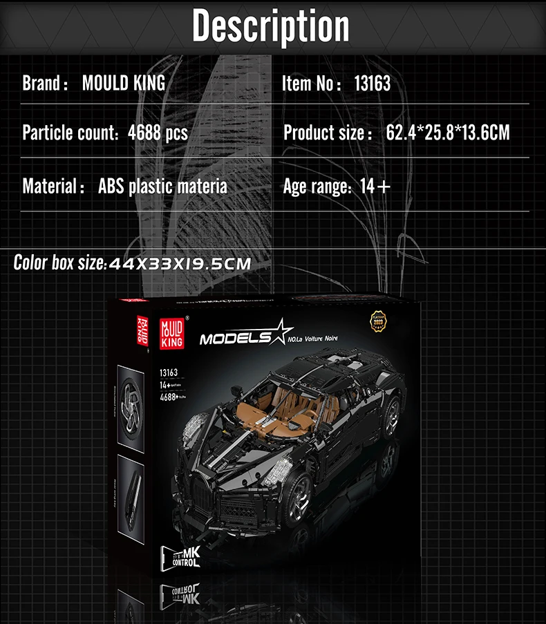 Mould King 13163 Technik-Auto-Baustein-Set, ferngesteuertes La Voiture Noire Sportwagen-Modell, Spielzeug, Weihnachtsgeschenk für Kinder – Detail 9