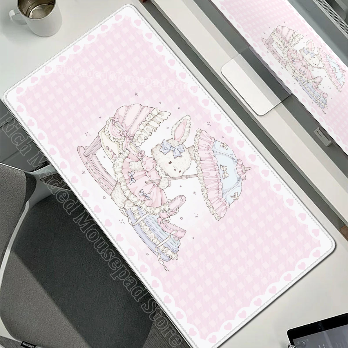 Pink Rabbit XXL Cute Love Gaming Mouse Pad - Non-Slip Soft Surface Desk Mat for Home and Office Decor