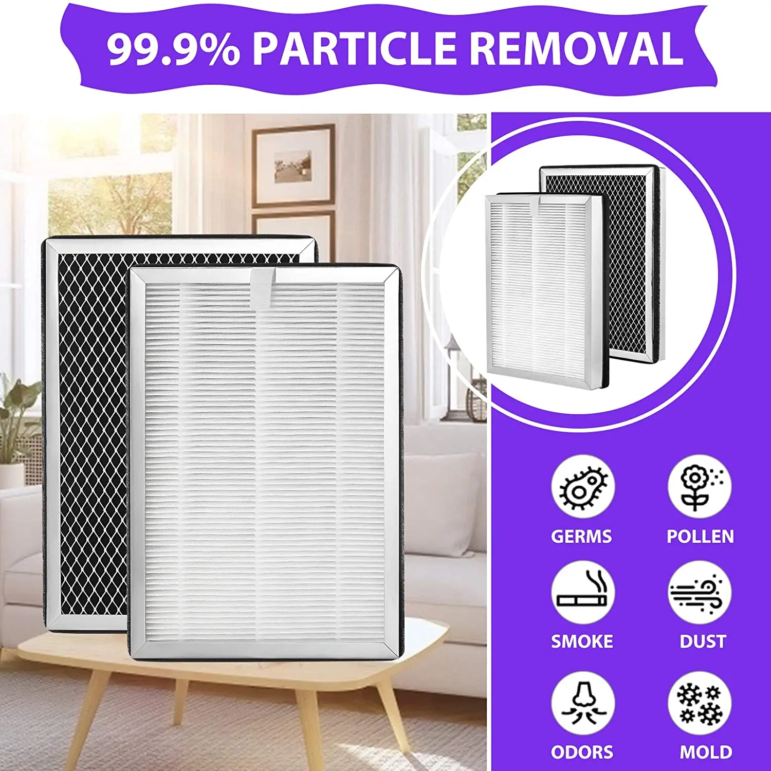 Filtre HEPA H13 de remplacement pour Medify MA-25 installé dans l'appareil, prêt à purifier l'air.