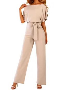 Women Jumpsuits Elegant Solid Color Flare Short Sleeve Waist Tie Wide Leg Pants Romper Summer Streetwear 1