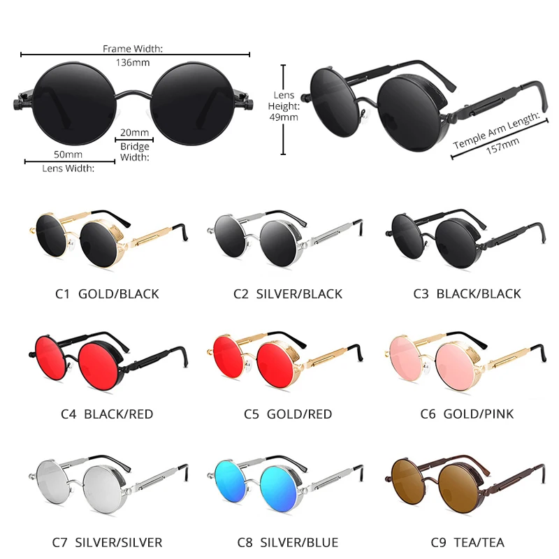 Classic Steampunk Sunglasses Men Women Retro Gothic Round Male\'s Sun Glasses Fashion Punk Party Driving Shades