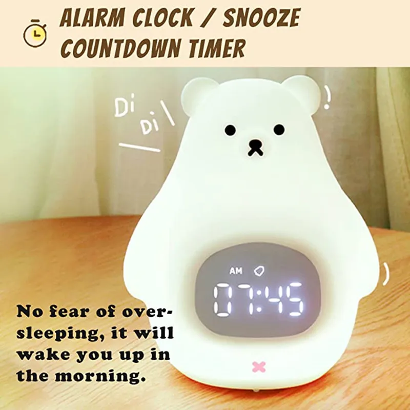 Kids Alarm Clock Cute Bear Children Alarm Clocks With Night Light Usb Rechargeable Silicone