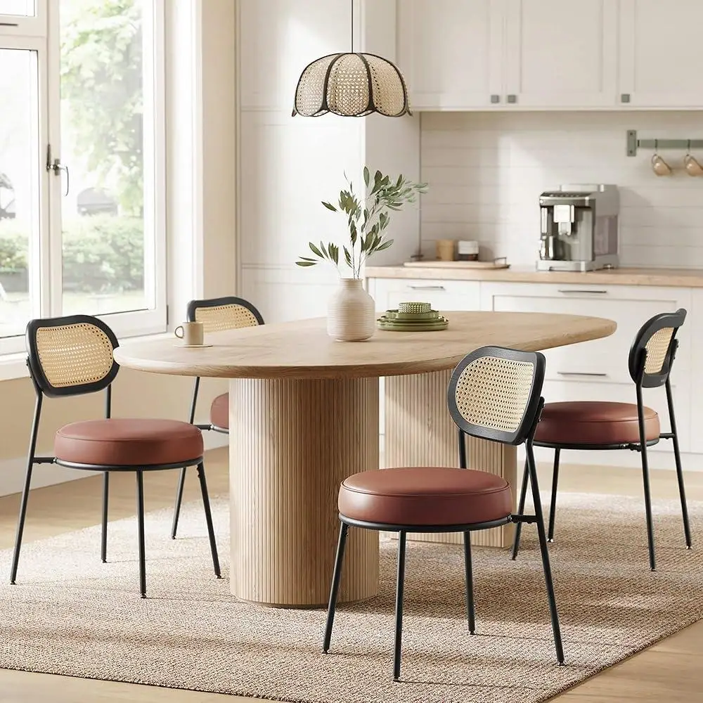 4 Pack Ergonomic Dining Chairs with Rattan Backrest Comfortable Cushioned Seat Stylish Accent Chairs Dining Room