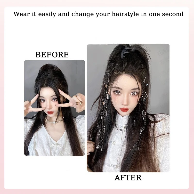 LUPU 2pcs Braided Hair Extensions Wig with BB Clip 18inch Synthetic Clip-on Hair piece with Accessories False Hair for Women Use