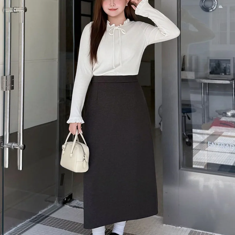 4XL Fashion Plus Size Women's T-Shirt Premium Preppy Style Ruffle Collar Knitted Texture Beige Base Top 9401