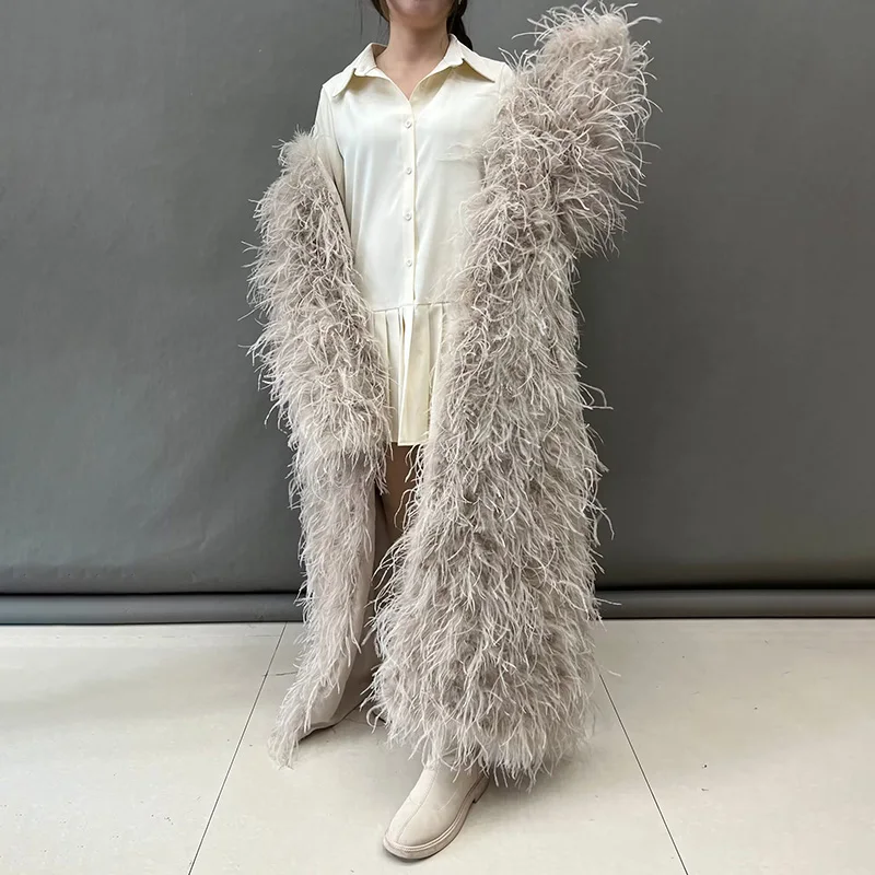 【新品タグ付】deres/feather long coat Women Natural Ostrich Feather Coat Lady Luxury Overcoat