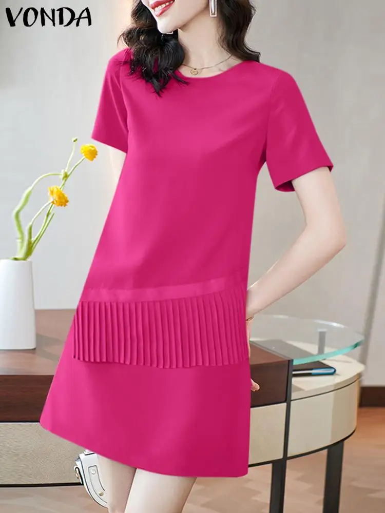 

VONDA Short Sleeve Ruffled Mini Dress Women 2024 Elegant Summer Short Sundress Solid Color Casual Loose Party Vestidos Robe