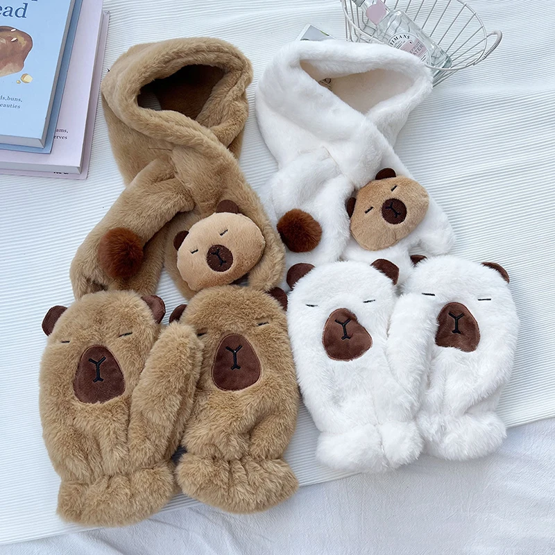 Cute Capybara Plush Scarf Autumn Winter Cold-proof Warm Scarf Sweet Windproof Thickened Cross Neck Fashion Accessories Girl Gift