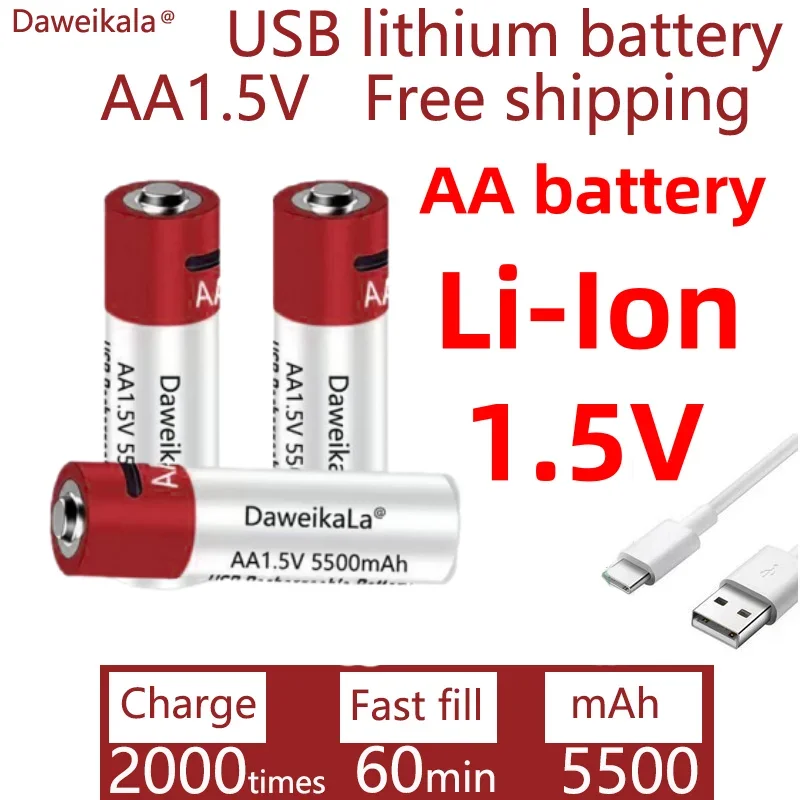 

USB rechargeable lithium ion battery for toys,thermometers and watches players, keyboards AA1.5mAh5500 AA rechargeable batteries