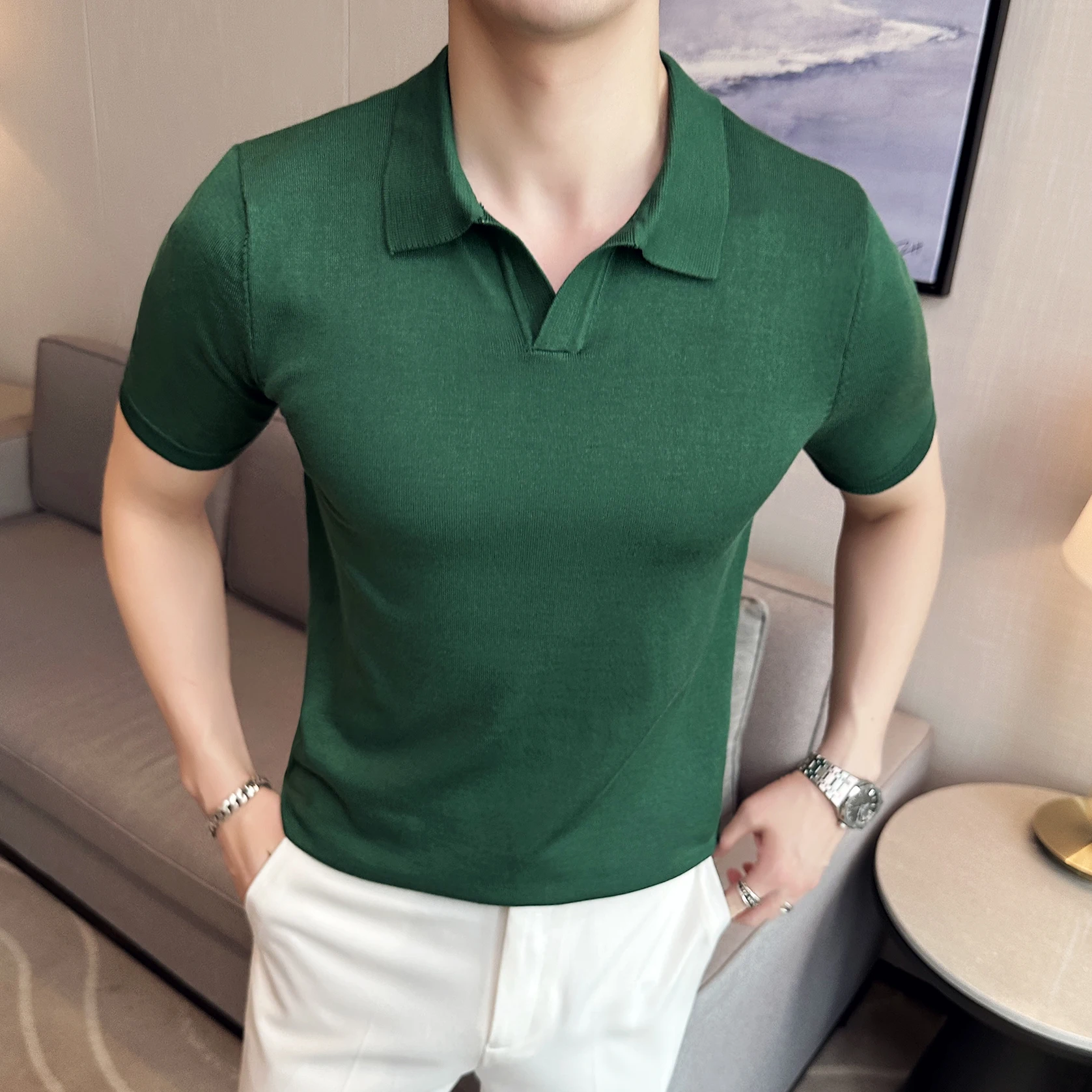 

Men's Summer Knitted Short-Sleeved Polo Shirt British Trend Lapel Half Sleeve Slim Fit Golf