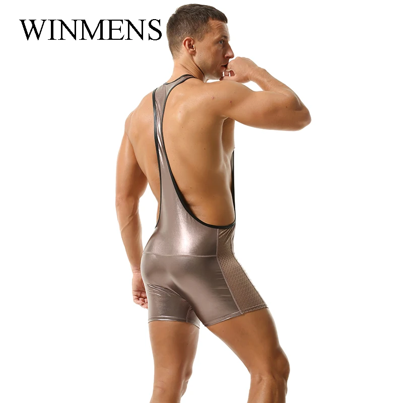 Men's Shiny Jumpsuit Splicing Imitation Leather and Mesh Elastic One Piece Underwear Halter Sleeveless Low-necked Costume