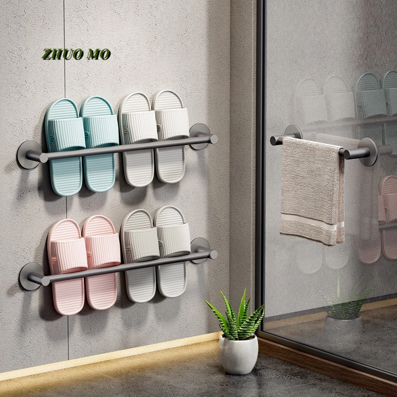 

Wall Mounted Bathroom Slipper Rack, Perforated Home Toilet Door Space, Aluminum, Gray, White, Couple Shoe Storage, 50cm