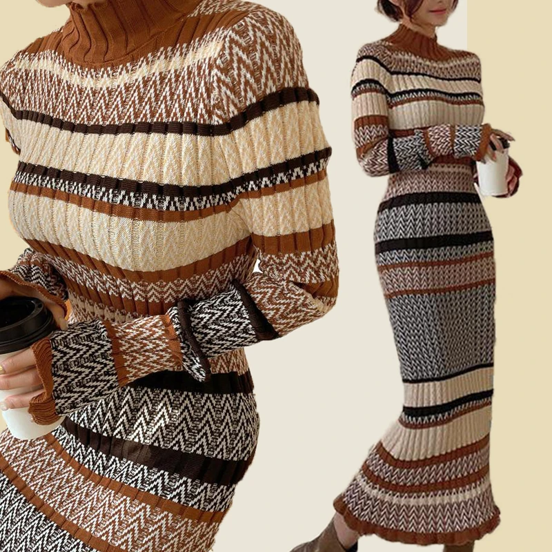 

Long Knitted Dress Elegant Women Fall Winter Slim Striped Knitted Bottoming Dress Casual Commuter Fashion Korean One-piece Dress