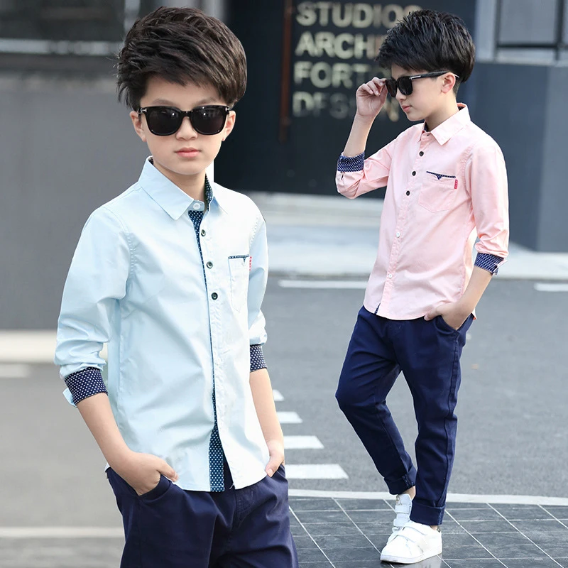 Kids Shirts Kids Clothes Spring Autumn Boys Cotton Blouses Kids Boys Long Sleeve Shirt Children Fashion Shirt 5-15 Years Turn-down Collar