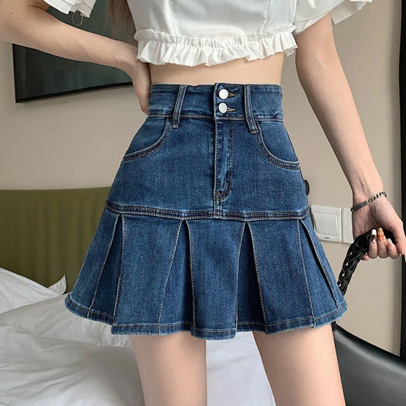 554735-2ffdfe.jpg Lucyever Korean Style Women's Mini Denim Skirt Fashion High Waist A-Line Jean Skirts Woman 2025 Summer New Street Pleated Skirts - Image 1