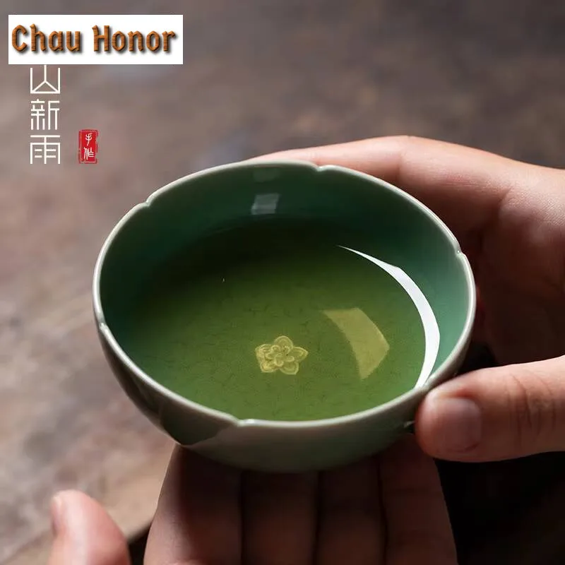 90ML Handmade Longquan Celadon Teacup Plum Blossom Chazhan Personal Master Cup Puer Tea Bowl Mug Kung Fu Tea Ceremony Collection