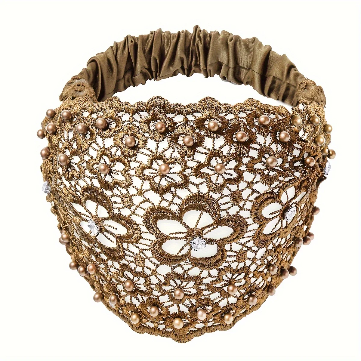1pc Elegant Beaded Lace Headbands for Women - Wide Floral Hair Bands  Knit Fabric Daily Wear & Special Occasions 4