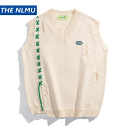 2023 Hip Hop Retro Sweater Vest Streetwear Oversized Men Hole Knitted Tank Tops Casual Loose Sleeveless Tops Shirt