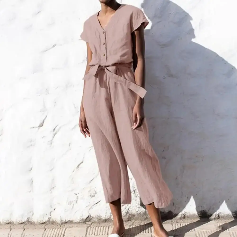 

Women Long Jumpsuit Stylish Summer V-neck Jumpsuit Chic Half Placket Design Wide Leg Silhouette Belted Waist for Women