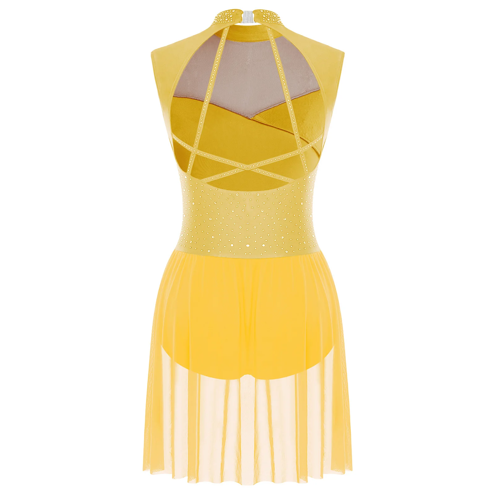 Damen Gymnastik Ballett Latein Lyrical Dance Kostüm Künstlerisches Eiskunstlauf Trikot Kleid Neckholder Strass Bodysuit Kleid – Detail 22