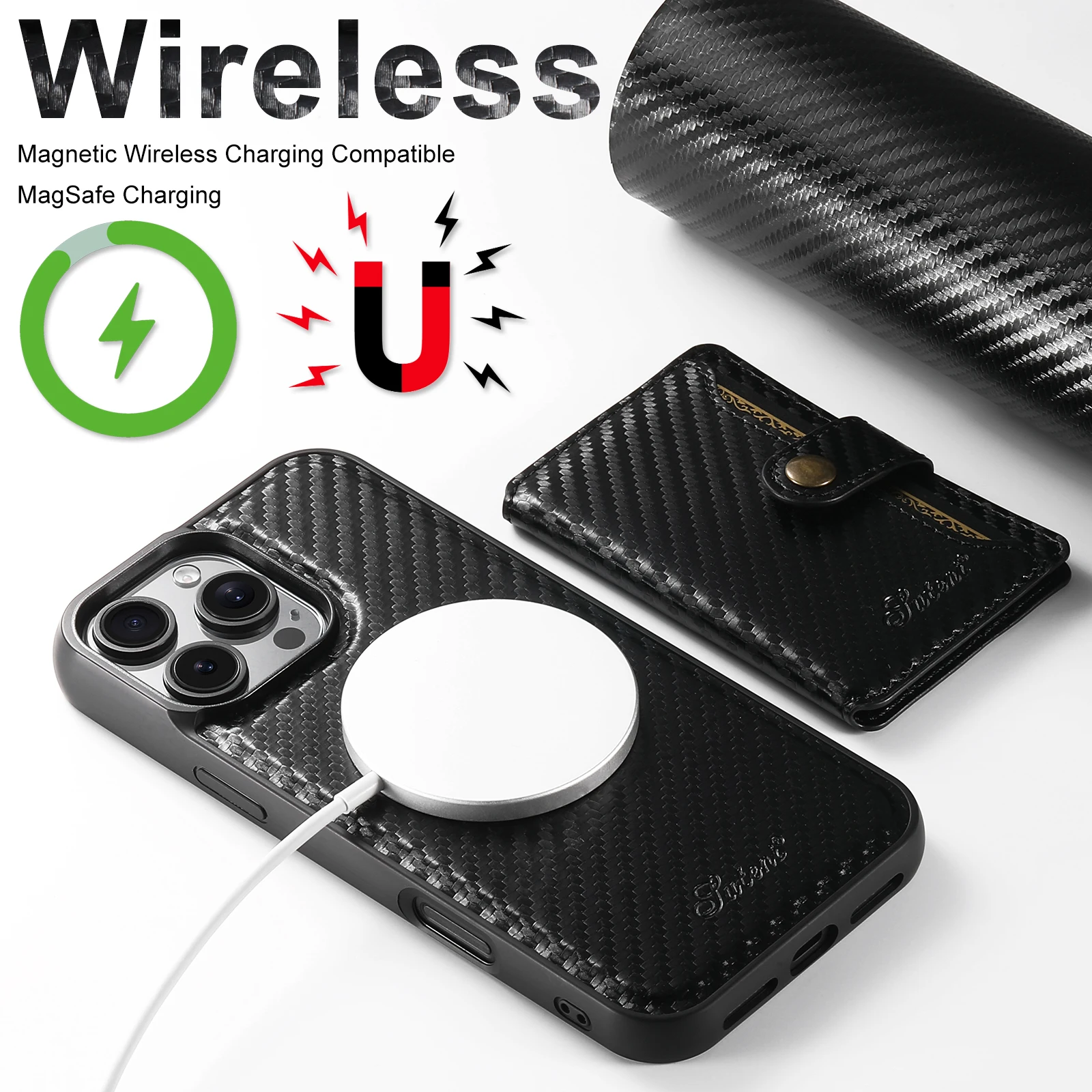 Carbon Fiber Leather Magnetic 2-in-1 Card Holder Wallet Phone Case Support Wireless Charging for iPhone 16ProMax 15Plus 14 13 12 3