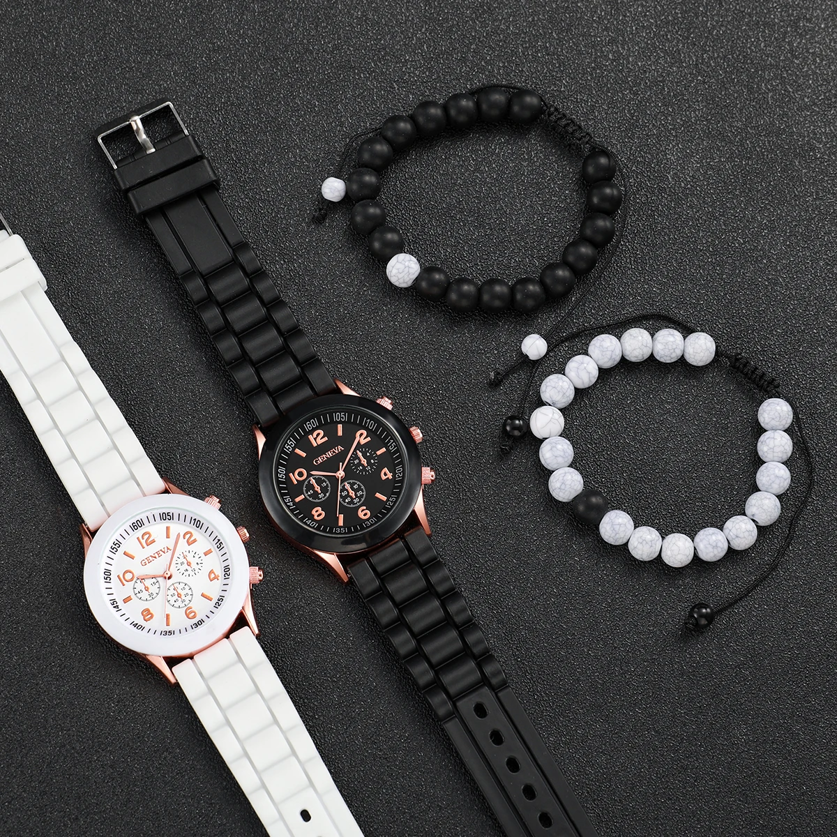 4PCS/Set Fashion Women's Watch Couple Simple Silicone Strap Quartz Watch with Black and White Bead Set
