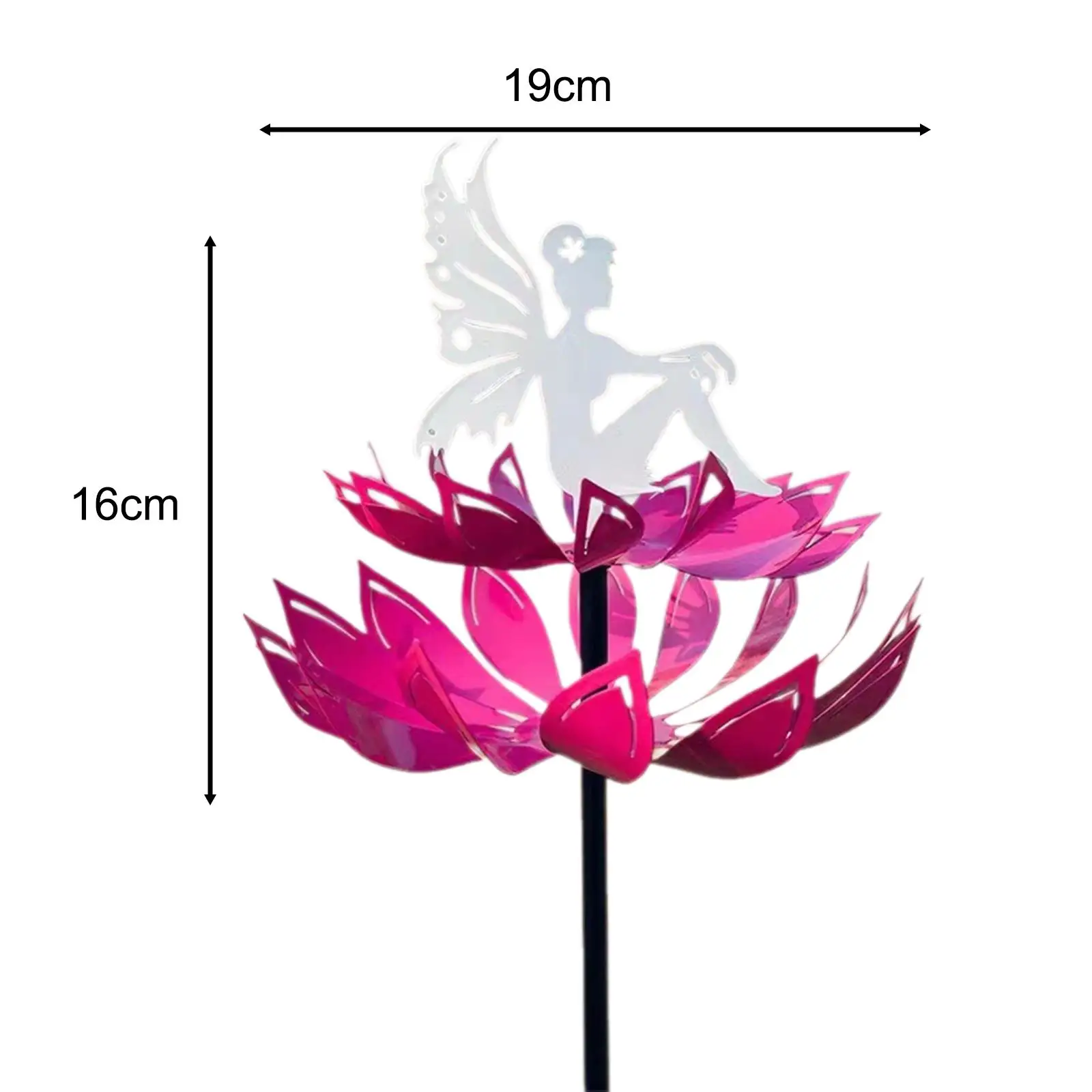 Garden Flower Fairy Sculpture Wind Spinner Accessory Flower Diameter 19cm Total Length 65cm for Yard Lawn Terrace Metal Windmill