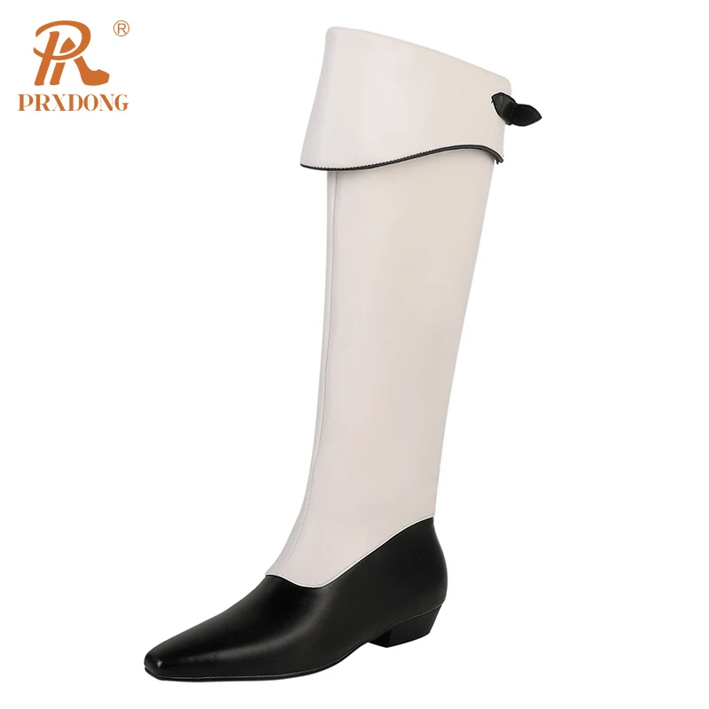 

PRXDONG New Classics Genuine Leather Low Square Heels Pointed Toe Black Beige Dress Party Casual Female Knee High Boots Size 40