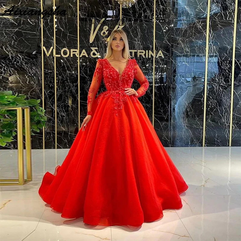

Aixiangsha Ball Gown Prom Dress Fashion Tulle Robe De Soiree De Mariage Long Sleeves V-neck Appliques Celebrity QuinceaneraDress