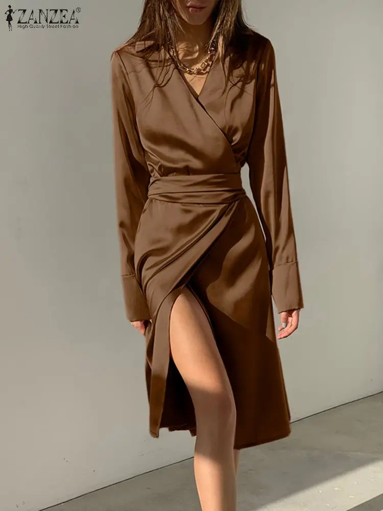 

Sexy V Neck Slim Waisted Robe ZANZEA Fashion Satin Silk Midi Dress Autumn 2023 Long Sleeve Vestido Party Solid Bandage Long Robe