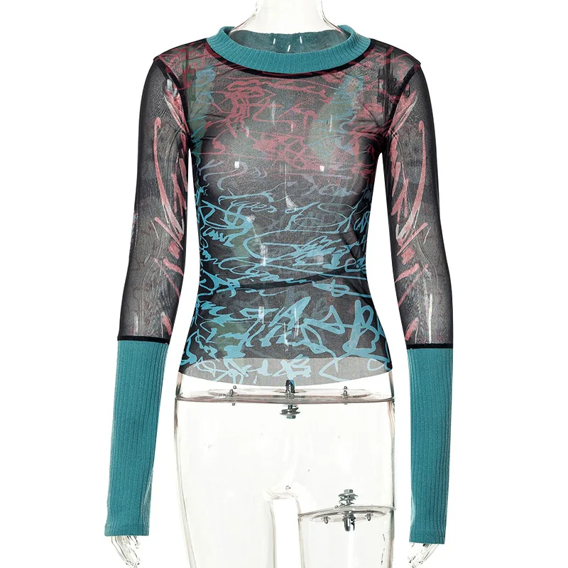 【冬バーゲン★特別送料無料！】 Y2k Streetwear Shirts T Graphic Women Knit Mesh Sheer トップス