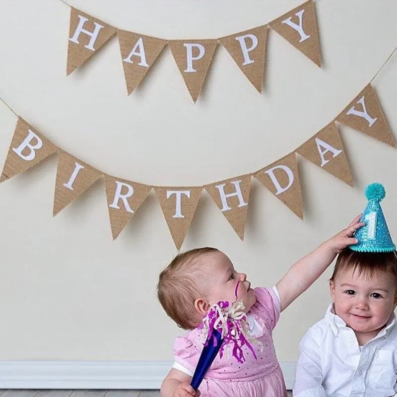 Birthday Banner Party Decorations 13 Flags Vintage Jute Hessian Burlap Banner Happy Birthday Party Photography Props