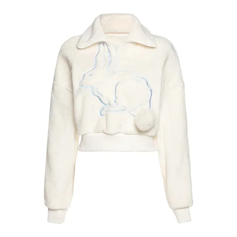 2024 Fall and Winter New Women's Loose Rabbit Embroidery Pullovers Half Zipper Long Sleeve Sweatshirt New Woman Apricot Hoodie