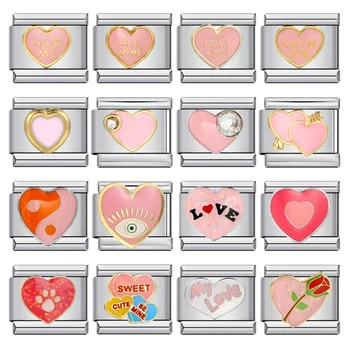 Fashion Y2k Gold Color Cute Sweet Pink Colour Heart Italian Links Charm Fit 9mm Bracelet Stainless Steel Making DIY Jewelry Gift 1