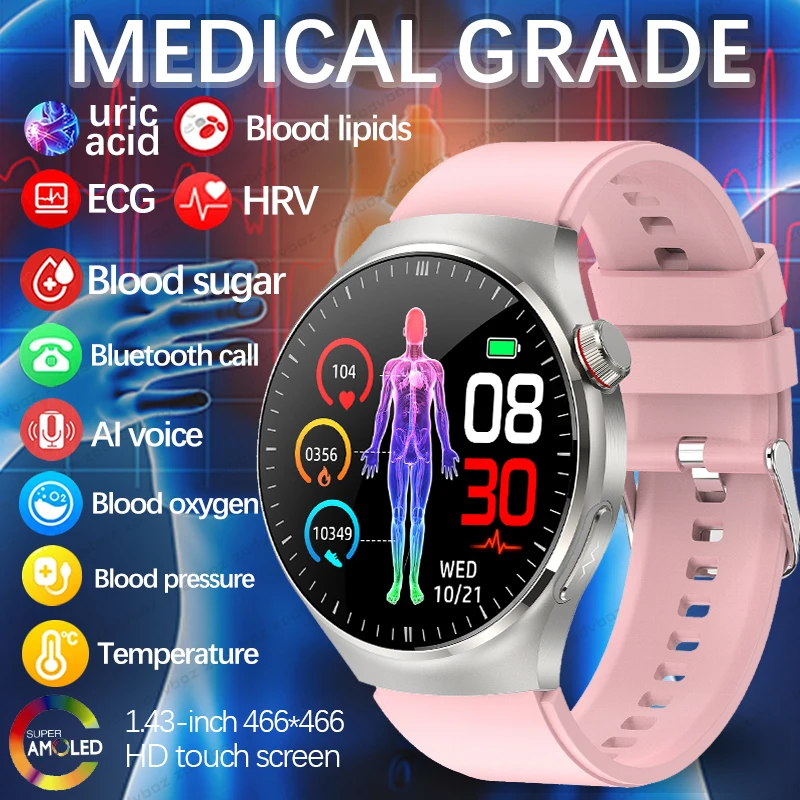 Relógio inteligente para homens e mulheres, classe médica, ECG, PPG, lipídios sanguíneos, açúcar no sangue, ácido úrico, testador de HRV, AMOLED, HD BT Call, relógios inteligentes, novo, 2022